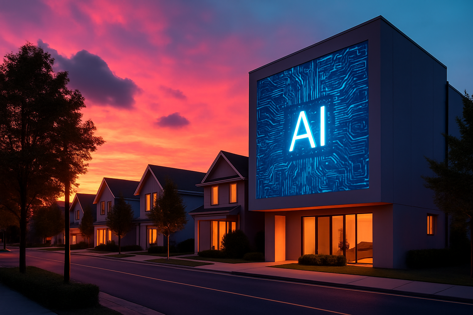 Modern suburban street at sunset with a large illuminated “AI” sign on a contemporary home, symbolizing artificial intelligence in real estate.