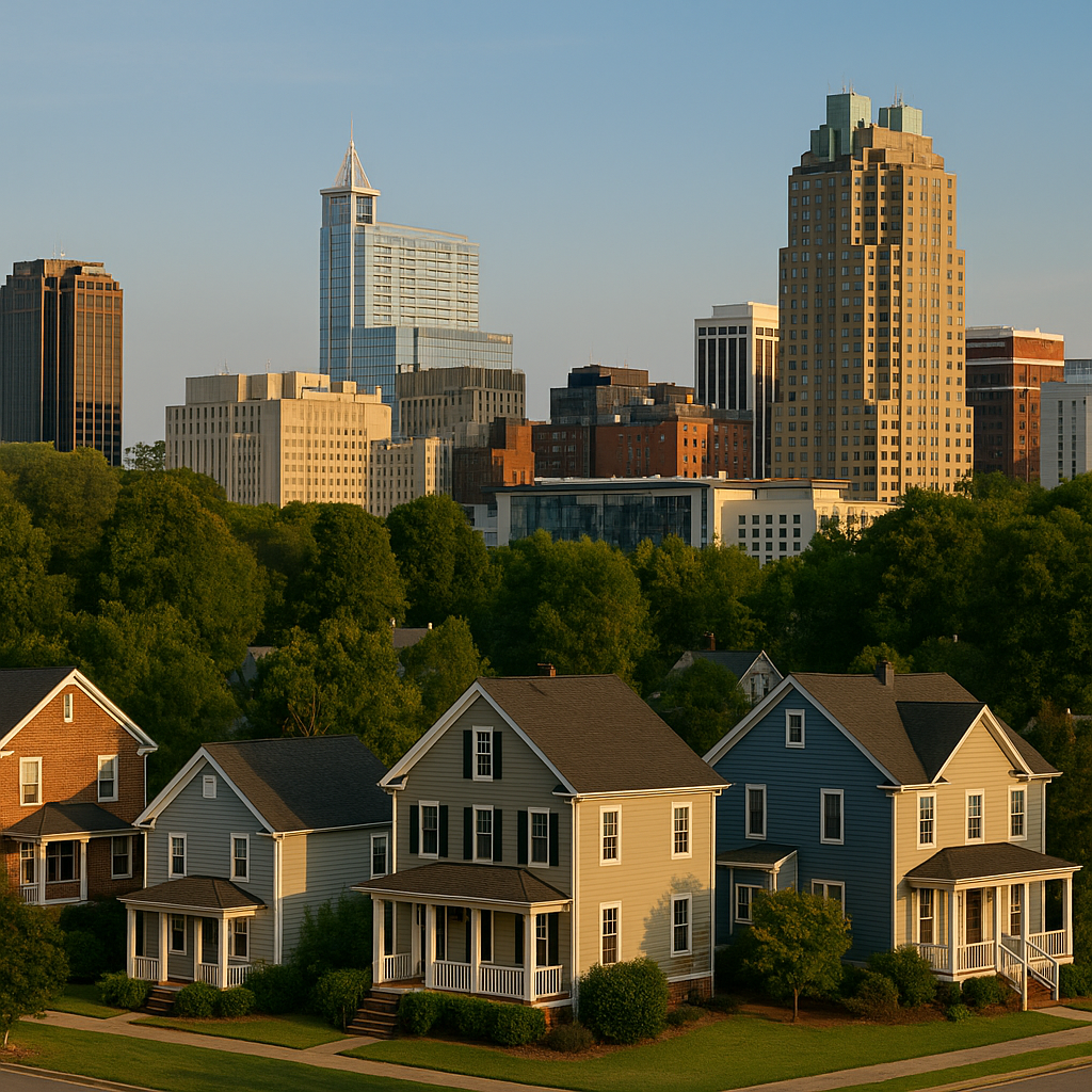 Skyline of Downtown Raleigh NC with residential homes and commercial buildings—ideal for showcasing a Raleigh NC home for sale.