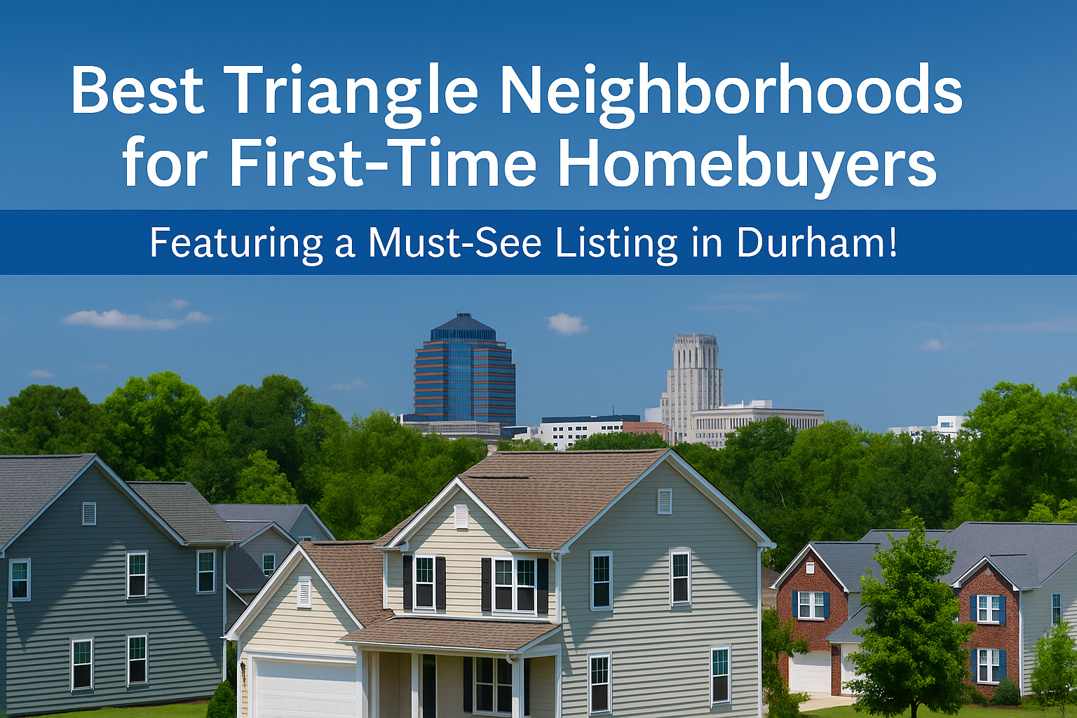 A promotional banner featuring suburban homes in the foreground and the Durham, NC skyline in the background, with text that reads “Best Triangle Neighborhoods for First-Time Homebuyers – Featuring a Must-See Listing in Durham!