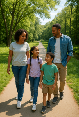 A smiling Black family of four walking together on a greenway trail in Raleigh, NC, surrounded by lush trees and sunshine—representing lifestyle and community near a Raleigh NC home for sale.