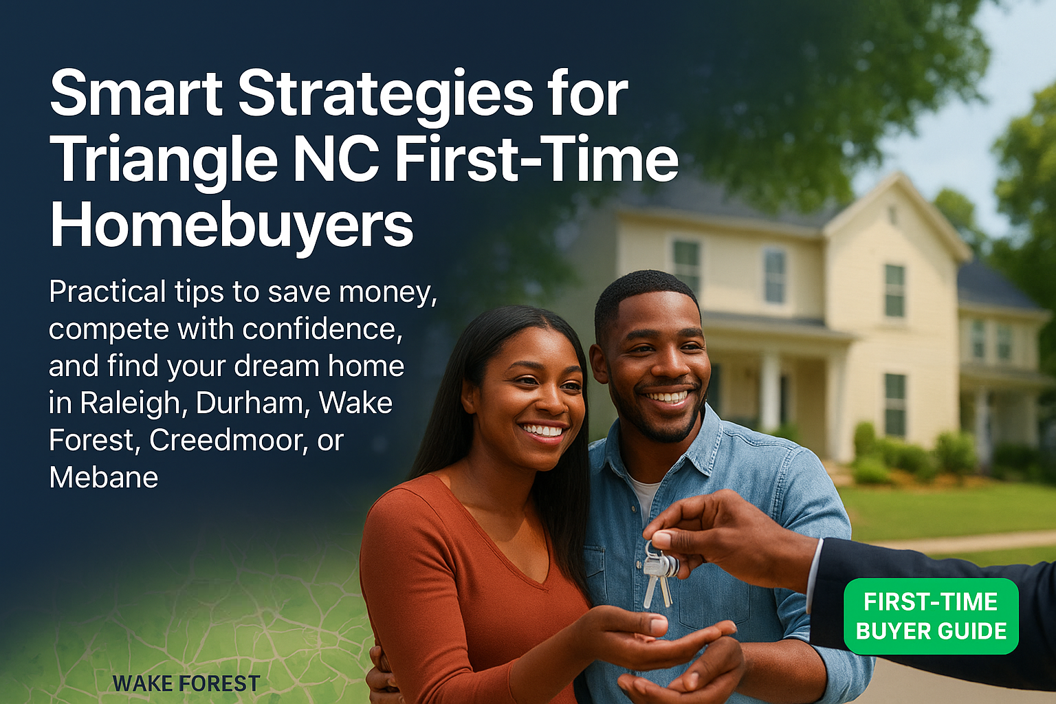 A smiling couple with brown skin tone receives keys to their new home in the Triangle NC, with a house in the background and text overlay promoting smart strategies for first-time homebuyers in Raleigh, Durham, Wake Forest, Creedmoor, and Mebane