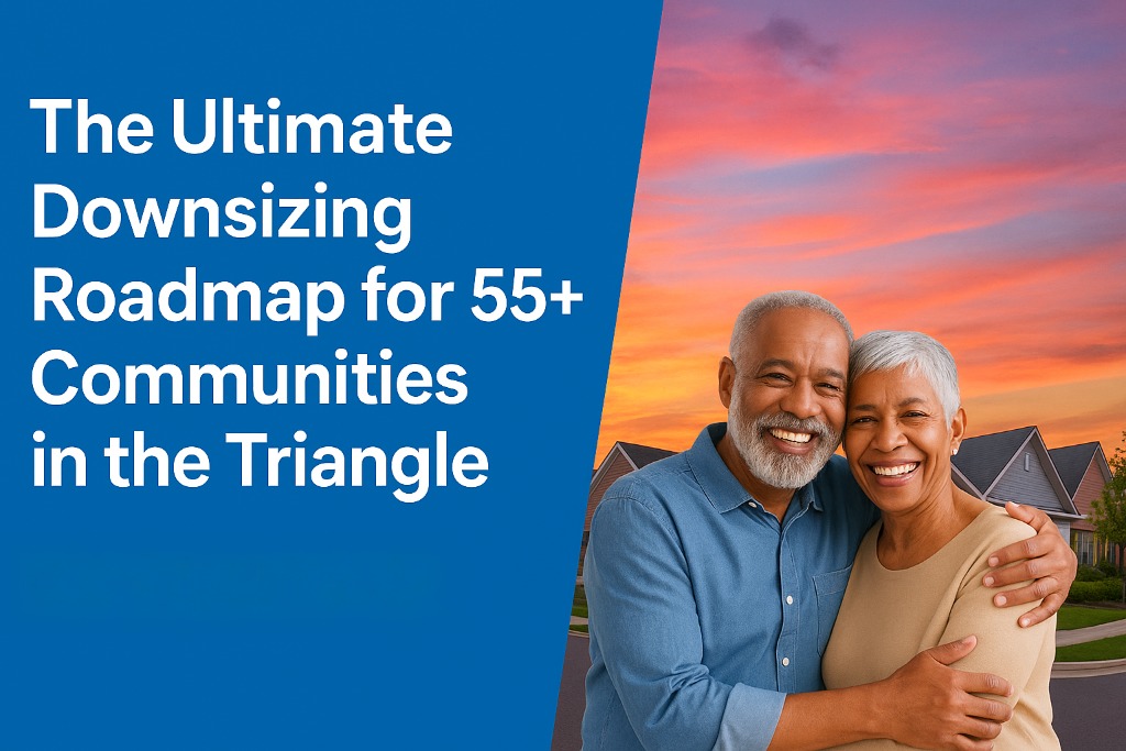 Smiling senior couple embracing in front of suburban homes at sunset with text reading 'The Ultimate Downsizing Roadmap for 55+ Communities in the Triangle' on a blue background.