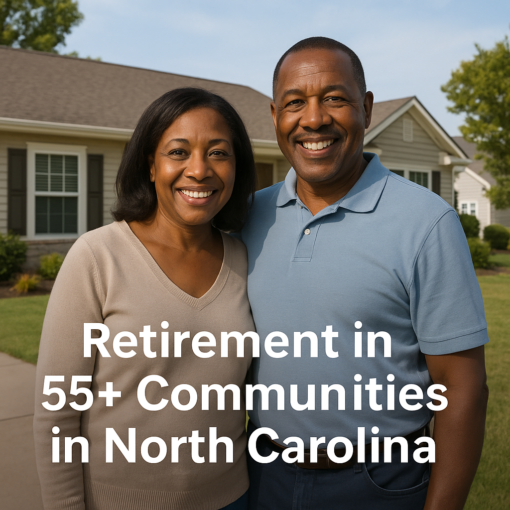 A smiling couple standing in front of their ranch-style home, promoting retirement in 55+ communities in North Carolina