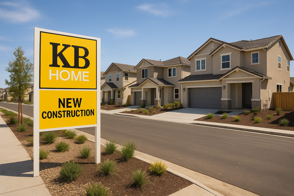 KB Home North Carolina new construction community featuring modern two-story houses with landscaped yards and a bold yellow KB Home New Construction sign at the entrance.