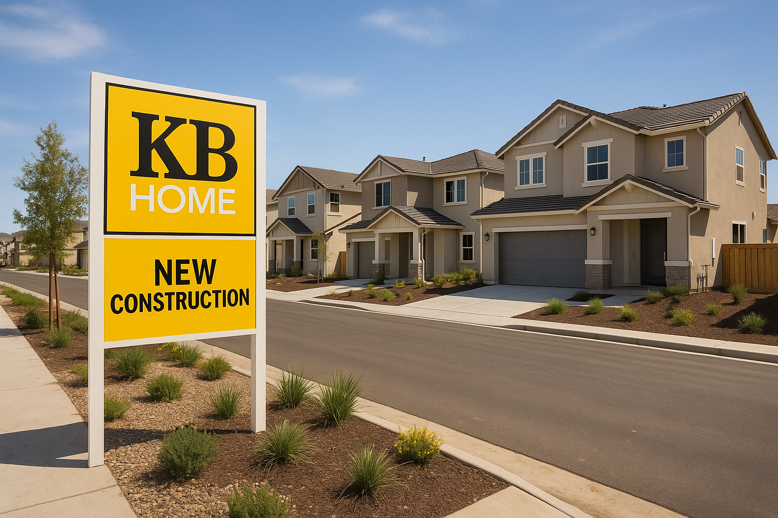 KB Home North Carolina new construction community featuring modern two-story houses with landscaped yards and a bold yellow KB Home New Construction sign at the entrance.