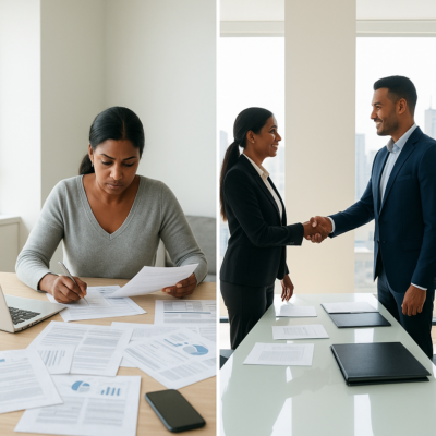 Side-by-side comparison showing two scenarios of selling a home in Durham — on the left, a brown-skinned homeowner stressed and overwhelmed with paperwork while trying to sell on her own, and on the right, the same homeowner smiling and confidently shaking hands with a professional realtor in a modern office.