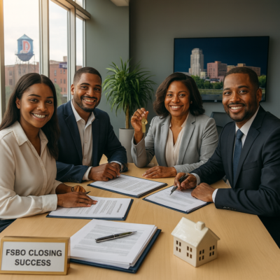 Four smiling professionals sit around a closing table in Durham, celebrating a successful real estate transaction with keys and signed documents, symbolizing the process of selling a home in Durham.