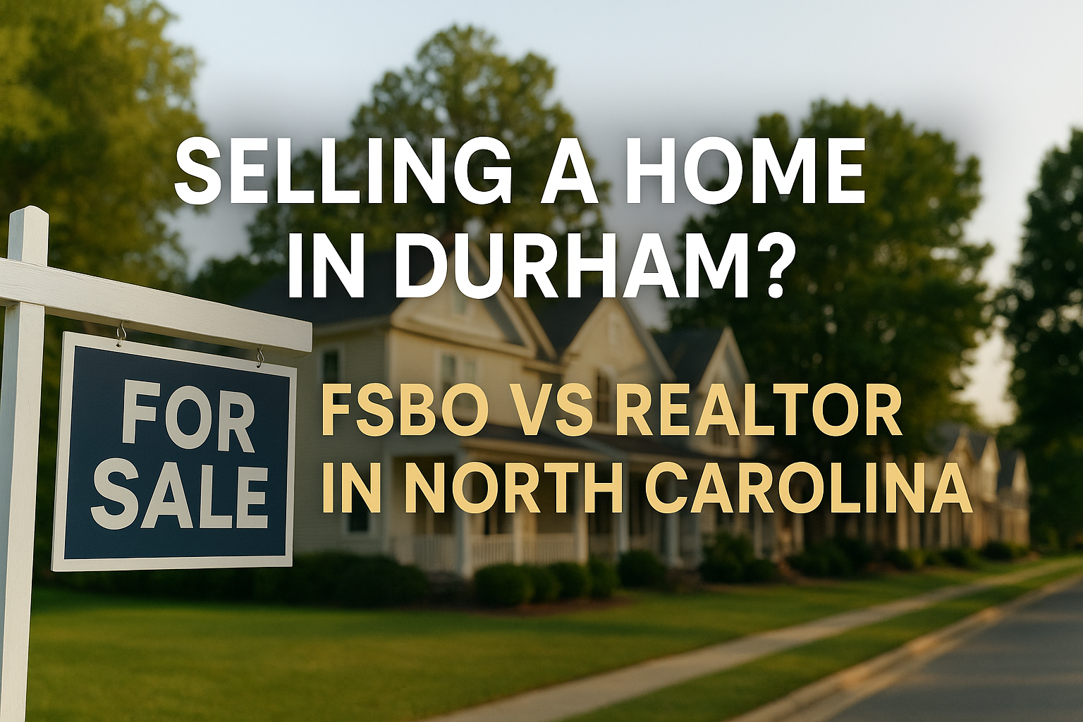 Featured banner for blog "Selling a Home in Durham: Can I Sell My House Without a Realtor in North Carolina?" showing a Durham neighborhood home with bold text overlay. Keywords: selling a home in Durham, FSBO North Carolina, sell my house without a realtor in NC.