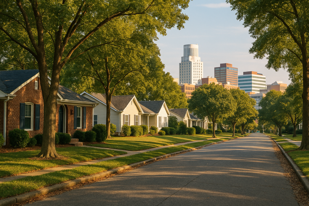 First-Time Homebuyers Durham — a welcoming tree-lined street with charming single-story homes and the iconic Durham skyline in the background, capturing the appeal of homeownership in a vibrant, residential Durham neighborhood.