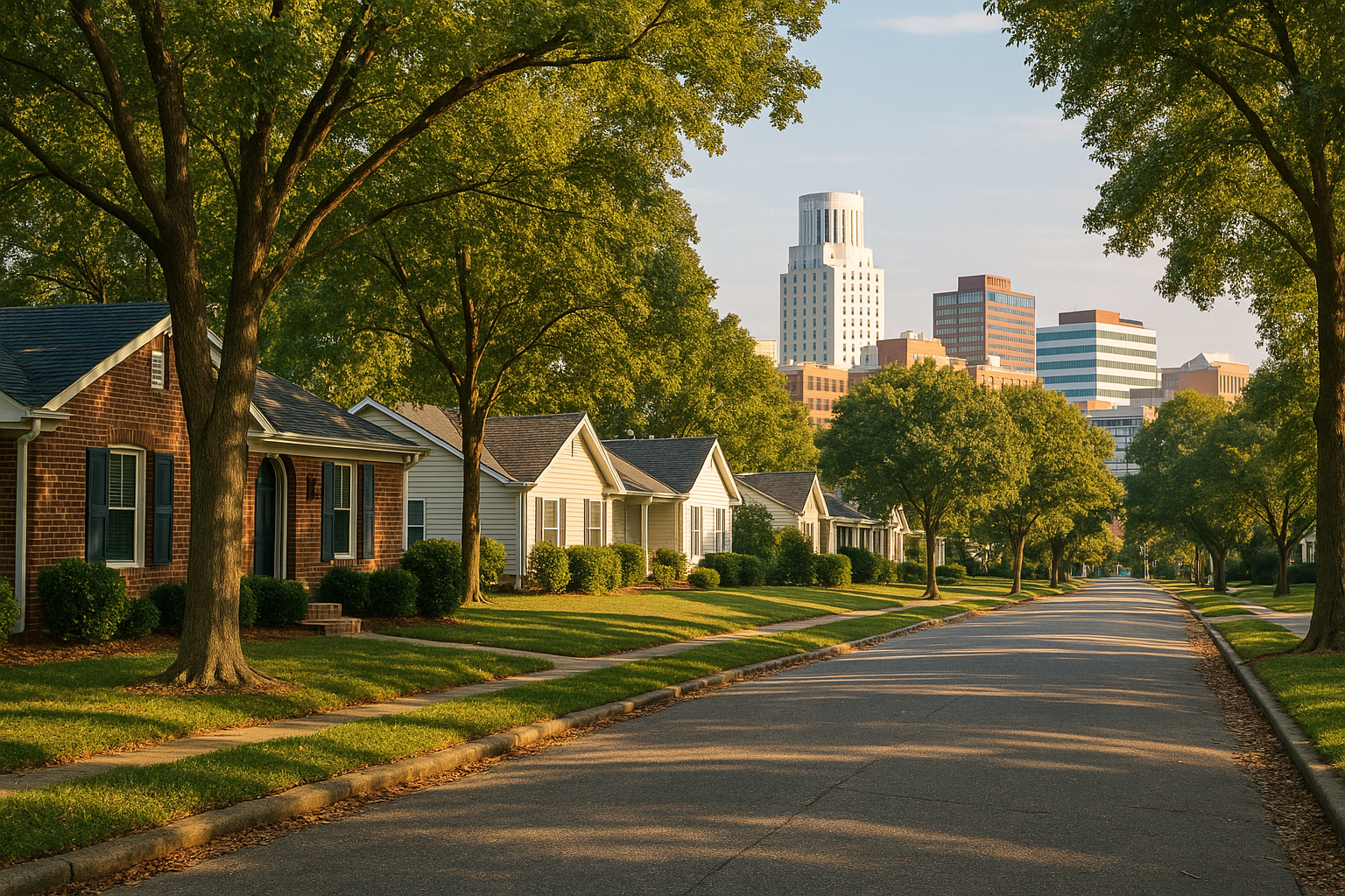 First-Time Homebuyers Durham — a welcoming tree-lined street with charming single-story homes and the iconic Durham skyline in the background, capturing the appeal of homeownership in a vibrant, residential Durham neighborhood.