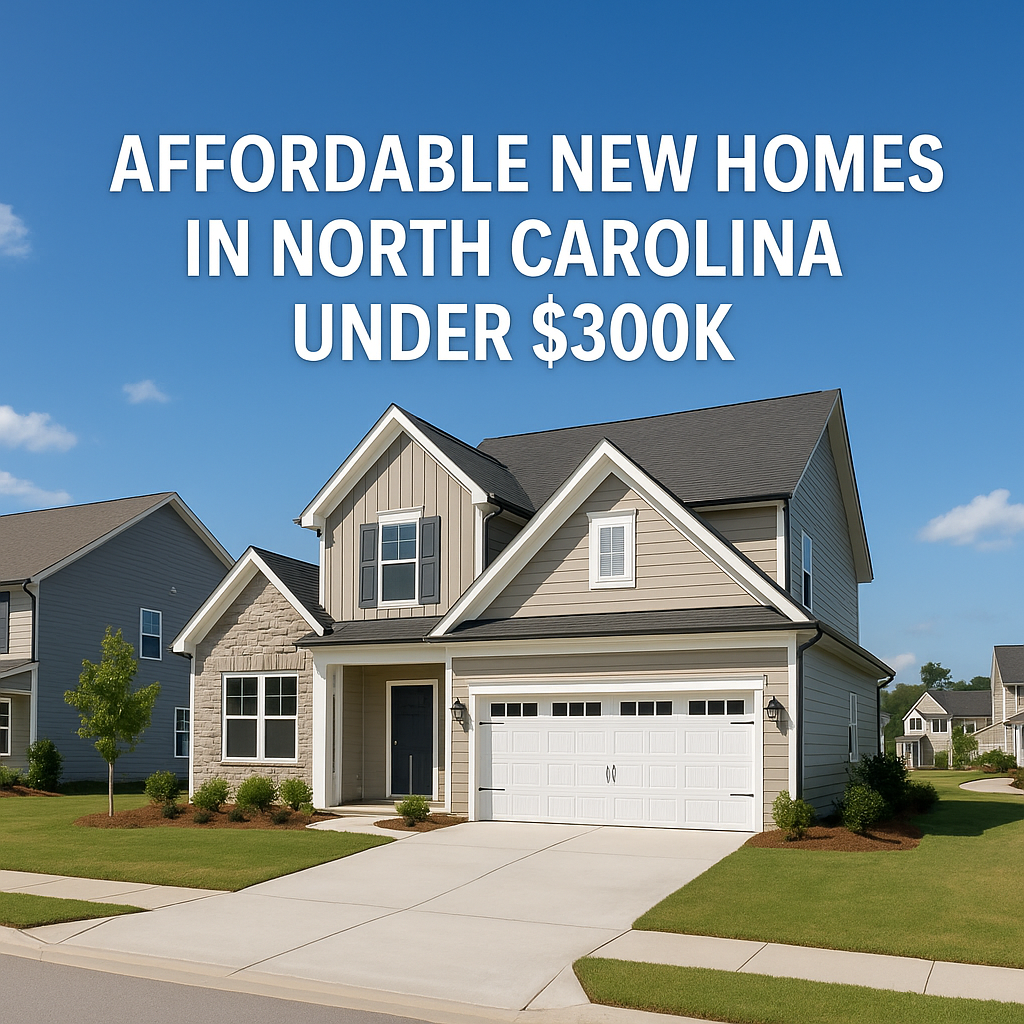 Featured banner of a new construction home in North Carolina with manicured lawn under a clear blue sky, displaying the headline “Affordable New Homes in North Carolina Under $300K