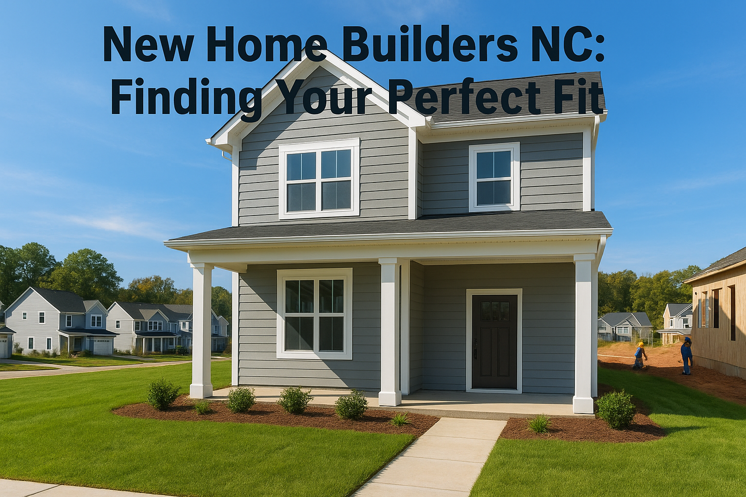 A modern, sunlit suburban new home builders inNorth Carolina. A spacious front porch, freshly laid sod, a welcoming front door with a large house-number sign. In the background, a community of similar homes and mature trees, clear blue sky. Emphasize quality and craftsmanship: visible siding, fresh landscaping, construction elements subtly in view (like workers finishing touches). Warm, inviting color palette, professional real-estate style.