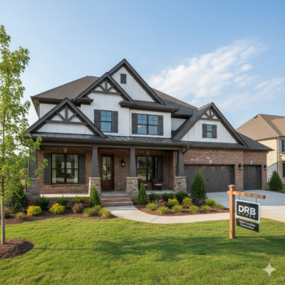New home builders North Carolina - DRB Homes model home exterior with brick and craftsman details
