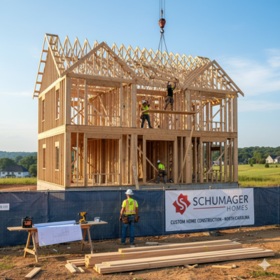 Custom home construction site with framing