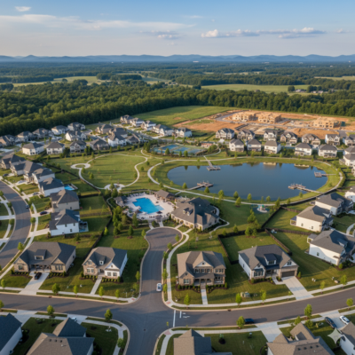 Aerial view of master-planned community with amenities.