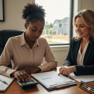 Homebuyer reviewing financing documents with calculator