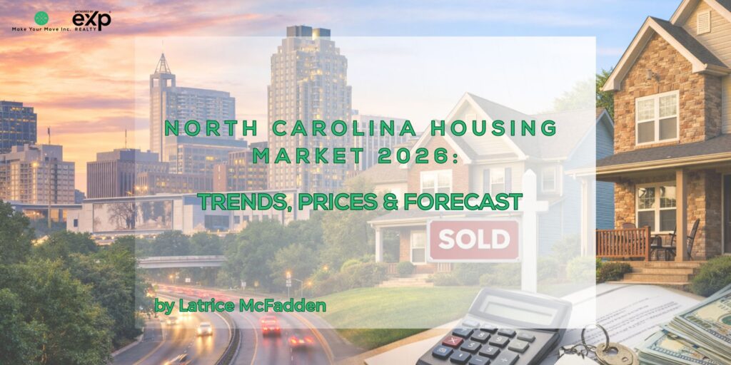 North Carolina housing market in the Triangle region with Raleigh skyline, suburban homes, and real estate elements illustrating market trends in 2026