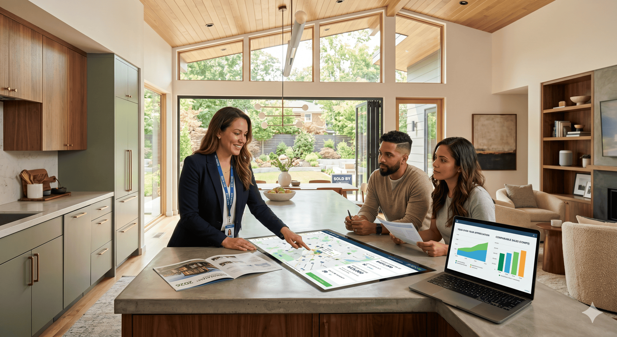 A modern image featuring an agent reviewing market reports or discussing home values with homeowners inside a bright, modern home